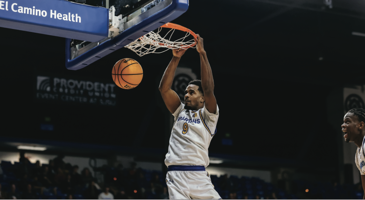 SJSU Senior guard Josh Uduje (9) scores against Fresno State on March 8 at the Provident Credit Union Event Center in San Jos&#233;.